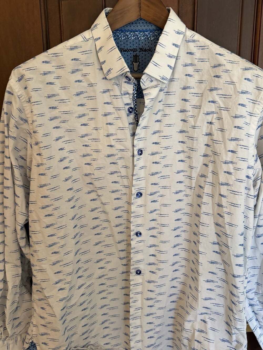 Visconti Black Men's Long Sleeve Button Down Shirt White Blue Pattern Size L